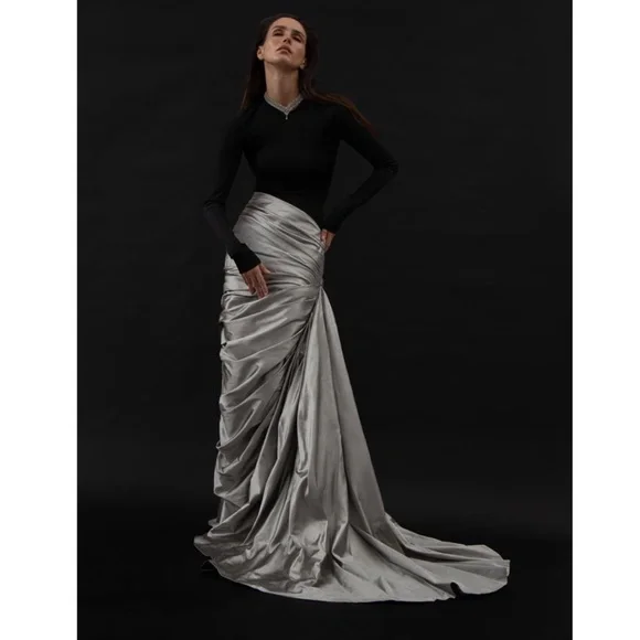RASARIO: Designer Black and Silver draped silk-blend maxi gown - Picture 6 of 8